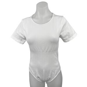 OQQ White Ribbed Crewneck Short Sleeve Stretch Bodysuit T-Shirt Top Size XL